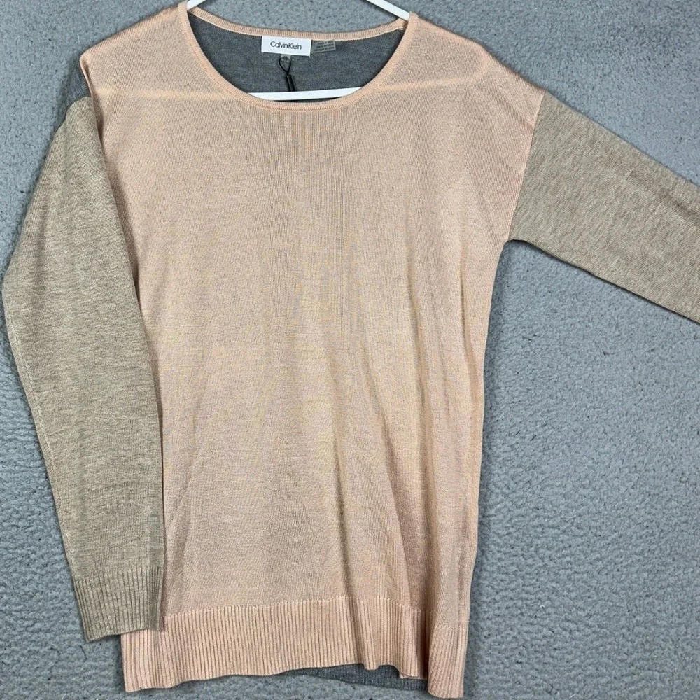 Calvin Klein Knit Sweater Womens XS Peach Tan Grey Colorblock Crewneck Pullover